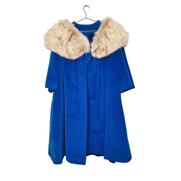 Vintage WORUMBO Blue 100% Virgin Wool Fur Collar Coat A-Line Jacket - Picture 1 of 13